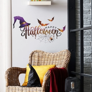 Halloween wall sticker set featuring purple witch hat, bats and Happy Halloween text