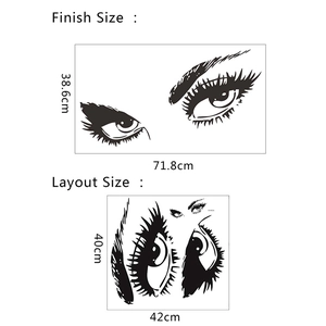 Detail layout and finished size dimensions of creative female eye sketch wall sticker
