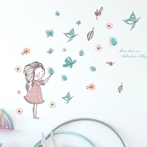 Cartoon girl and butterfly wall stickers for children bedroom home wall decorations