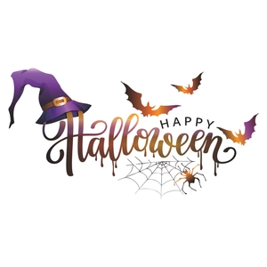 Halloween wall decals featuring purple witch hat, orange bats and Happy Halloween text