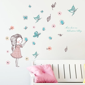 Cartoon girl with butterflies wall stickers for children bedroom nursery home decoration