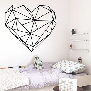 Minimalist geometric heart wall sticker in black vinyl for modern bedroom wall decor
