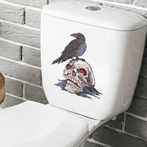 Gothic Halloween raven on skull toilet sticker with red eyes and blue water design