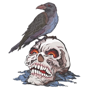 Gothic Halloween raven with red eyes perched on human skull wall decal sticker