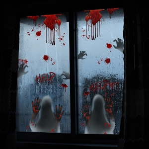 Detail view of Halloween bloody handprints and HELP text decals on frosted glass