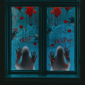Halloween blood splatter window stickers with bloody handprints and HELP text for party decor