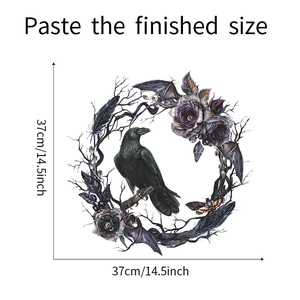 Vue détaillée du sticker mural corbeau gothique avec dimensions de 37 cm par 37 cm