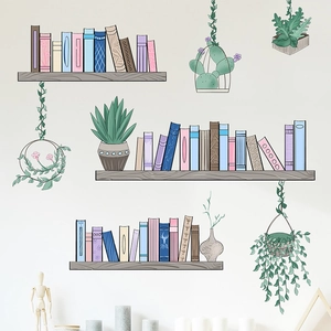 Stickers muraux créatifs avec étagères de livres et plantes vertes pour décoration