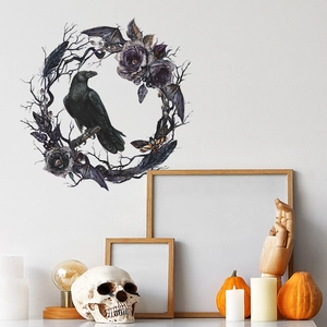Sticker mural gothique avec couronne de corbeau noir, roses et chauves-souris décor