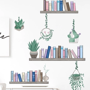 Stickers muraux étagères de livres avec plantes vertes pour décoration de chambre