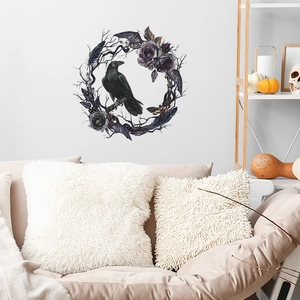 Détail de l'autocollant mural gothique avec corbeau, chauves-souris et roses