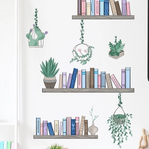 Stickers muraux autocollants avec livres et plantes peints à la main sur mur blanc