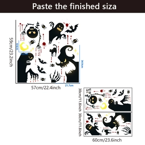 Detailed size specifications for Halloween wall decals showing dimensions of ghosts and bats