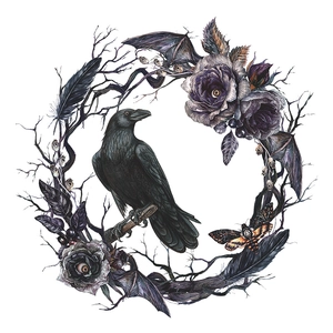 Sticker mural gothique corbeau et couronne de chauve-souris avec roses fanées