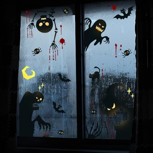Detailed Halloween window stickers featuring ghosts, bats, and skulls on glass