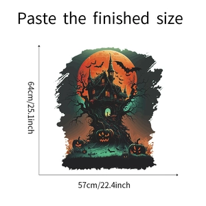 Adesivo murale Halloween con casa stregata e zucche di dimensioni pari a 57cm x 64cm