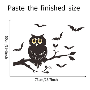 Detailed dimensions of Halloween wall sticker showing owl and bats at 73cm by 50cm size