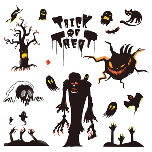 Stickers muraux Halloween avec silhouettes d'arbres morts, crânes et chats noirs