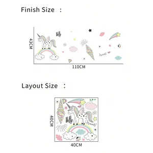 Guide des tailles stickers licorne : dimensions finales 43x110cm et planche 40x40cm