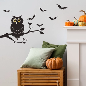 Halloween wall decals featuring a black owl on a branch with flying bats silhouettes