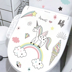 Sticker de Toilette Licorne Arc-en-Ciel Dessin Animé Étanche PVC Autocollant Mural pour Salle de Bain Chambre d'Enfants