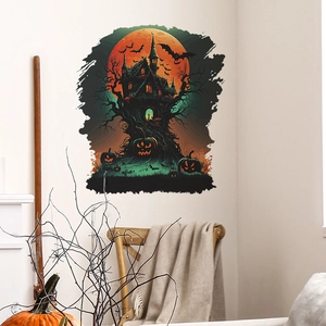 Adesivo murale di Halloween con castello spettrale, zucche e luna su muro bianco