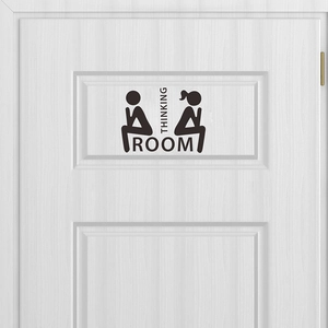 Creative black bathroom door sticker with Thinking Room text and stick figures on white door