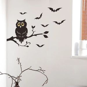Halloween wall sticker set with black owl on a branch and flying bats for home decoration
