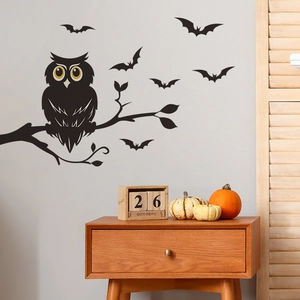 Halloween wall sticker with owl on branch and bats silhouette for home glass window decor
