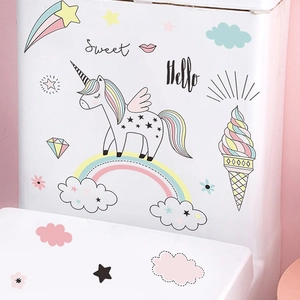 Stickers muraux licorne dessin animé couleurs macaron pour chambre et salle de bain
