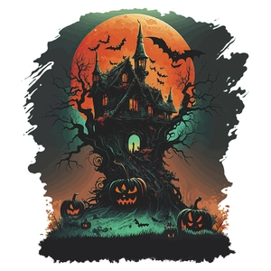 Adesivo murale di Halloween con castello stregato, casa zucca, pipistrelli e grande luna arancione