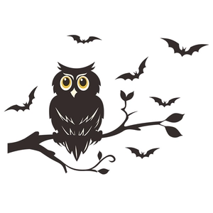 Halloween wall sticker with black owl yellow eyes branch and five bats for home decor