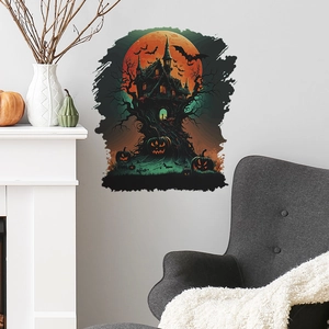 Adesivi murali di Halloween con casa stregata zucca e luna rossa per decorazione