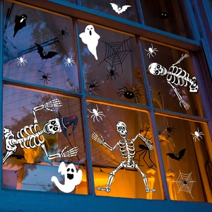 Halloween window stickers featuring skeletons, bats, and spiders for spooky home decor