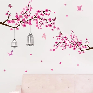 Stickers muraux fleurs de cerisier rose avec oiseaux et cages pour décorer le salon