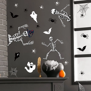 Halloween wall decals set featuring skeletons bats and spiders for window decoration