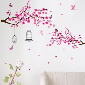 Stickers muraux branches de fleurs de pêcher avec cages à oiseaux et papillons décoratifs