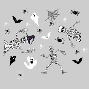Halloween wall stickers set featuring spooky skeletons, ghosts, bats and spider webs