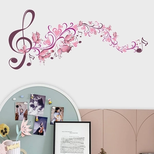 Pink and purple musical wall stickers featuring notes, butterflies and hearts for girls room