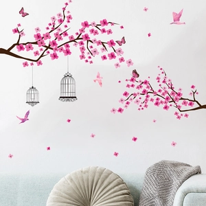 Stickers muraux fleurs de pêcher avec cage à oiseaux et papillons pour chambre enfant