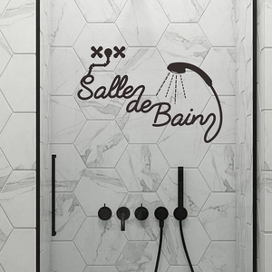 Minimalist black Salle de Bain wall decal with shower head icon on marble tile bathroom wall