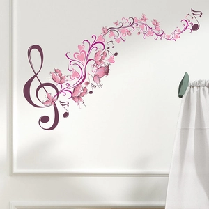 Artistic musical note wall sticker with purple treble clef and pink butterfly decorations