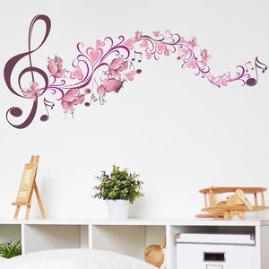 Artistic purple treble clef music wall sticker with pink notes and butterflies for decor