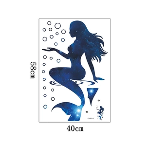 Detail of galaxy mermaid wall decal showing 58x40cm size and starry blue texture pattern