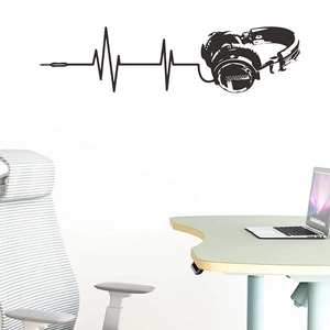 Creative music headphones wall decal with heart rate line for modern home office decor
