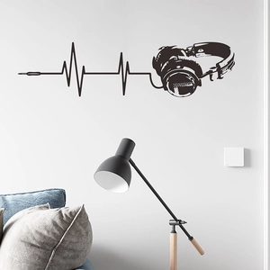 Modern black music headphones with heartbeat wall sticker for bedroom living room decor