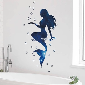 Starry galaxy mermaid wall sticker for bathroom decor with modern bathtub background