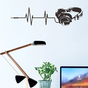 Creative music headphones wall decal with heartbeat line for studio wall decor