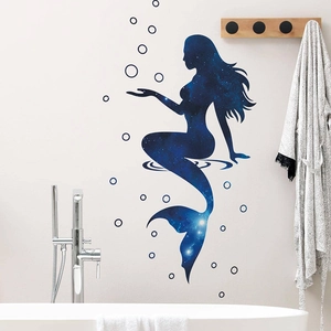 Starry sky mermaid wall decal for bathroom with galaxy pattern and bubbles decoration