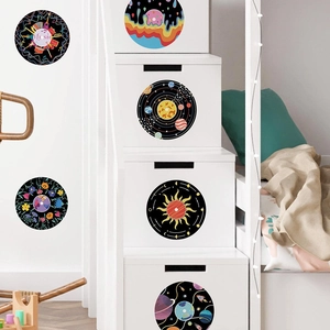 Colorful vinyl record wall stickers with floral and celestial motifs for home decor